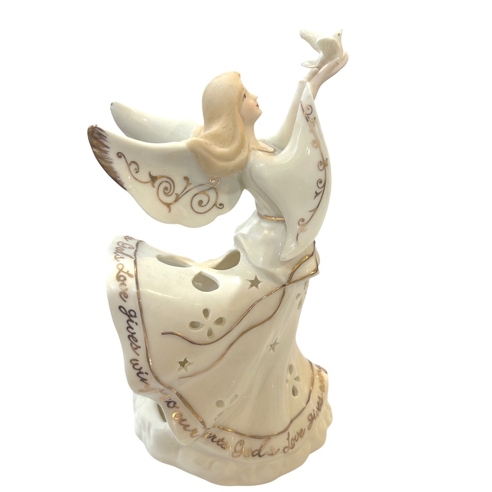 Lennox Inspired Angel Ceramic Candle Holder Dove Gold‎ Trim Religious Home Decor